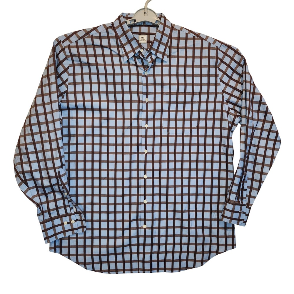Peter Millar Mens XL Blue Brown Check‎ Cotton Button Down Shirt MS13W99CHL